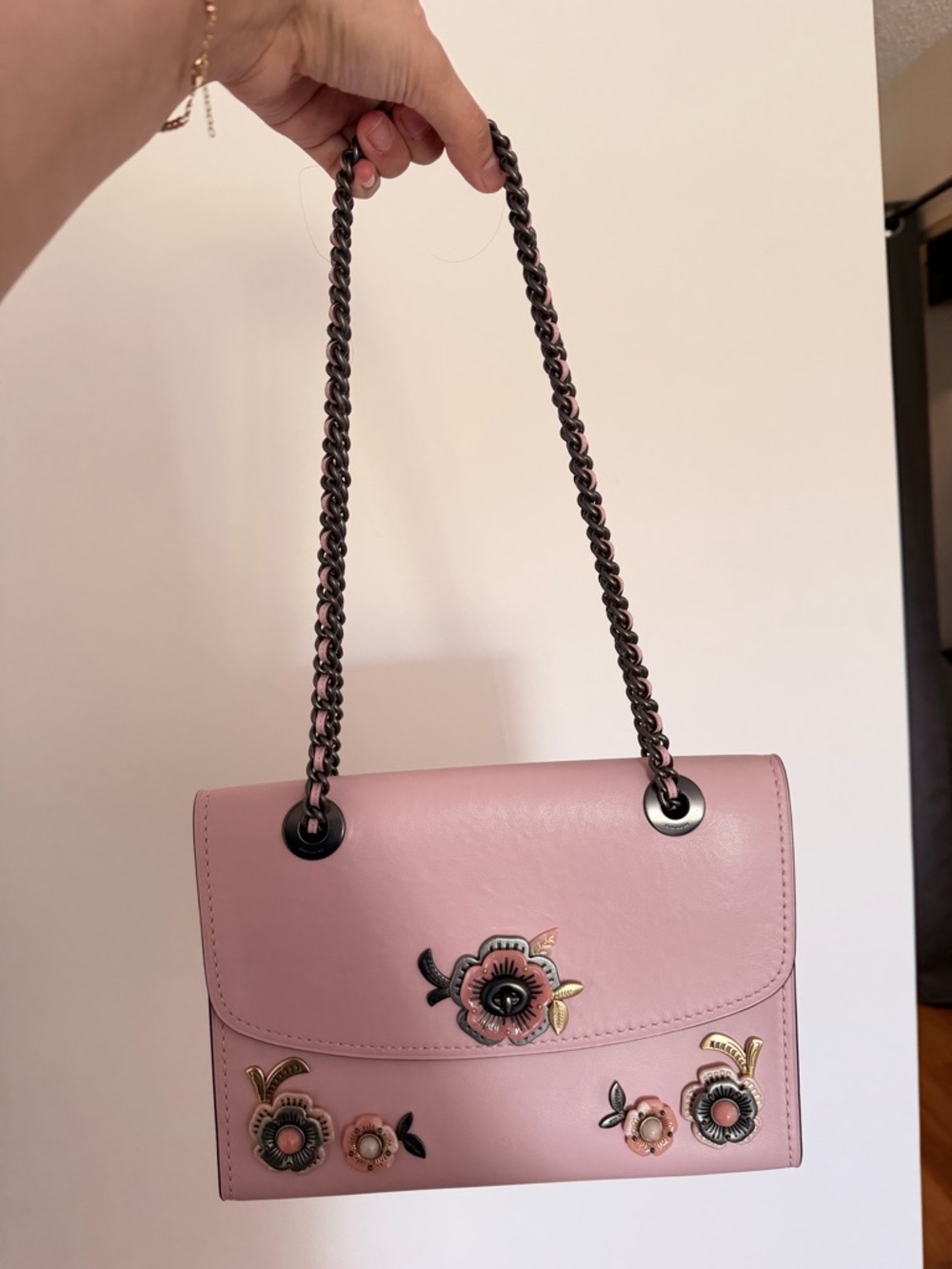 Coach Pink Floral Appliqué Chain Shoulder Bag